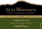 De La Montanya Winery Calandrelli Vineyard Tempranillo 2009 Front Label