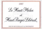 Chateau Haut-Bages Liberal Le Haut-Medoc de Haut-Bages Liberal 2007 Front Label