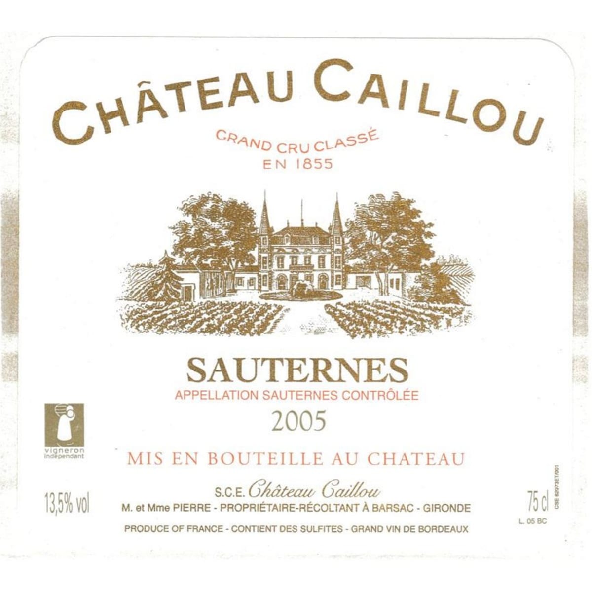 Chateau Caillou Sauternes 2005 Front Label