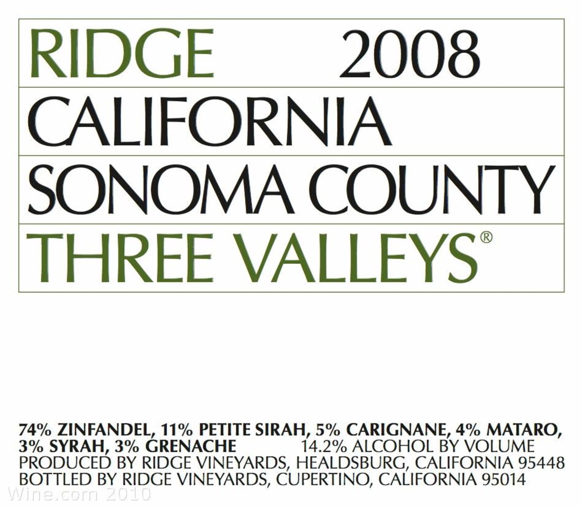 Ridge Three Valleys Red 2008 Front Label