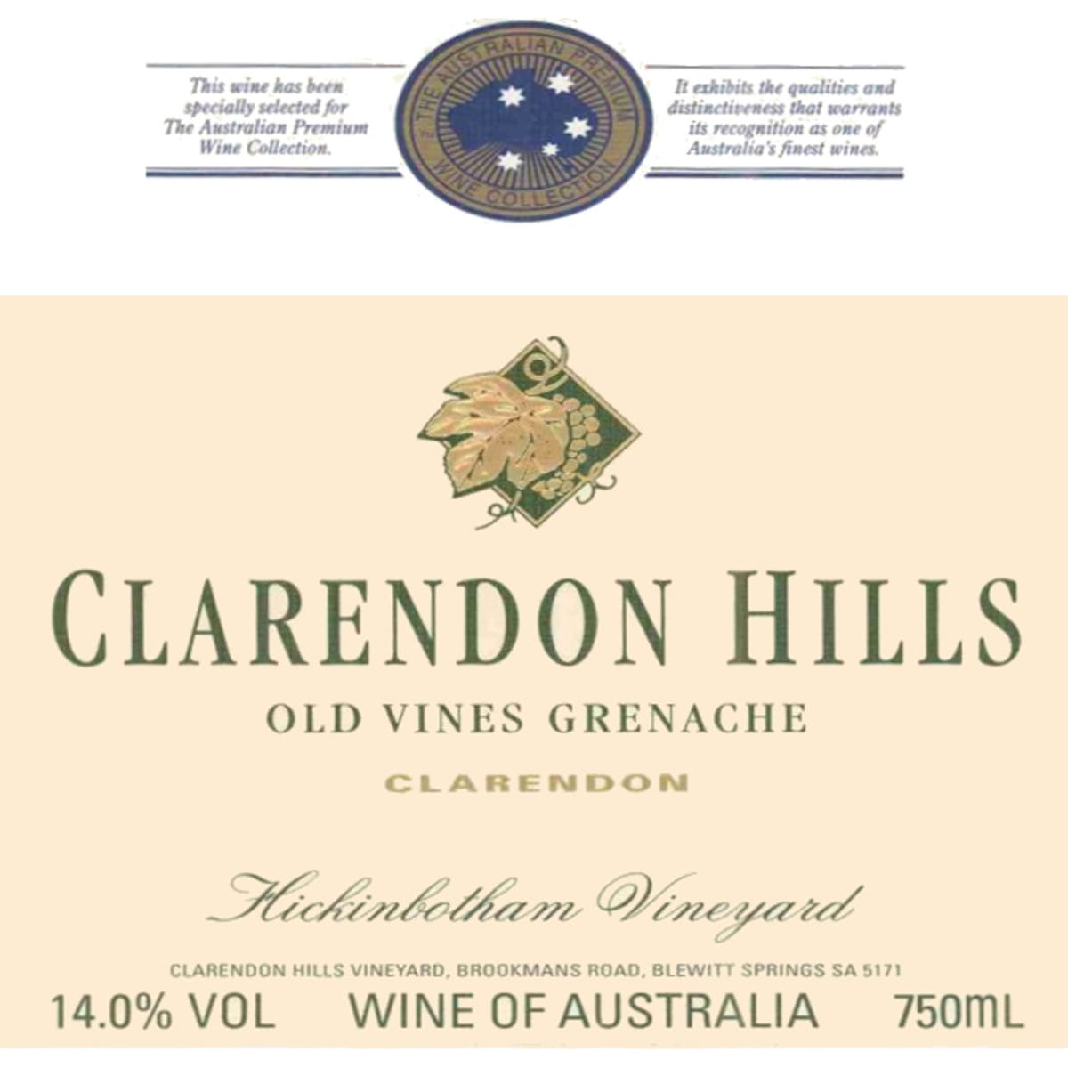 Clarendon Hills Hickinbotham Grenache 2005 Front Label