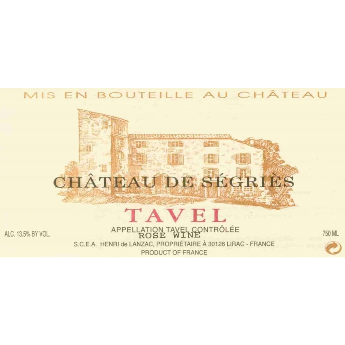 Chateau de Segries Tavel Rose 2009 Front Label