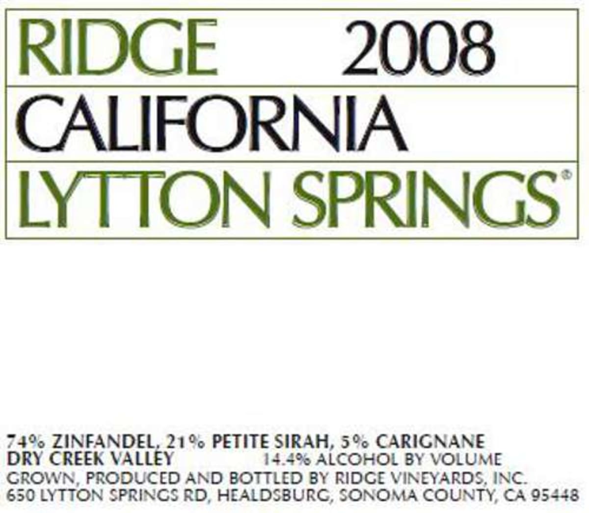 Ridge Lytton Springs Red Blend (375ML half-bottle) 2008 Front Label