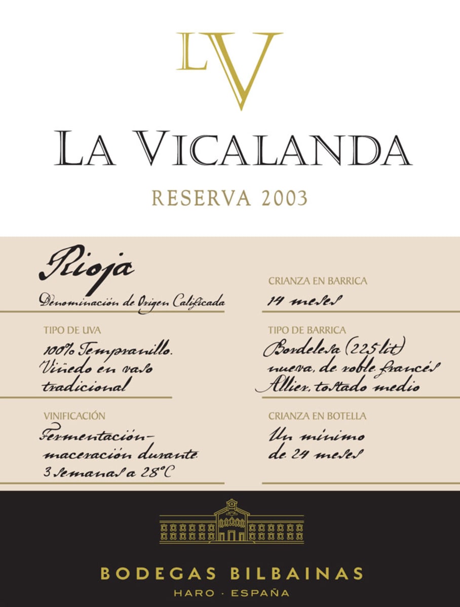 La Vicalanda Rioja Tempranillo Reserva 2003 Front Label