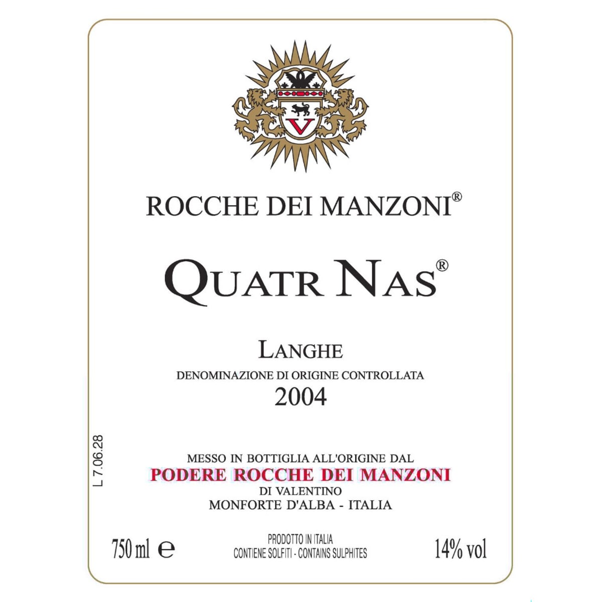 Rocche dei Manzoni Quatr Nas Langhe Rosso 2004 Front Label