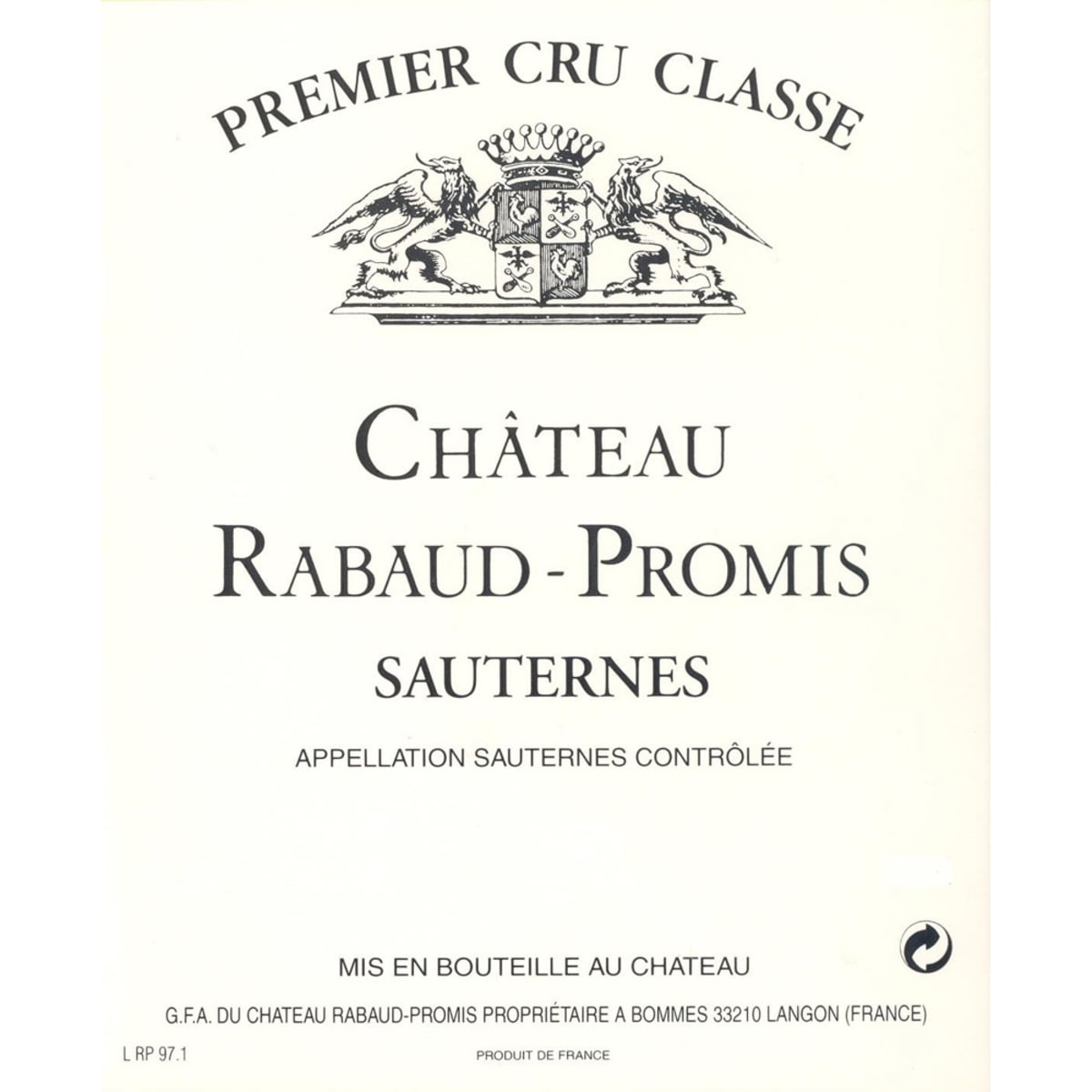 Chateau Rabaud Promis Sauternes (375ML half-bottle) 1988 Front Label