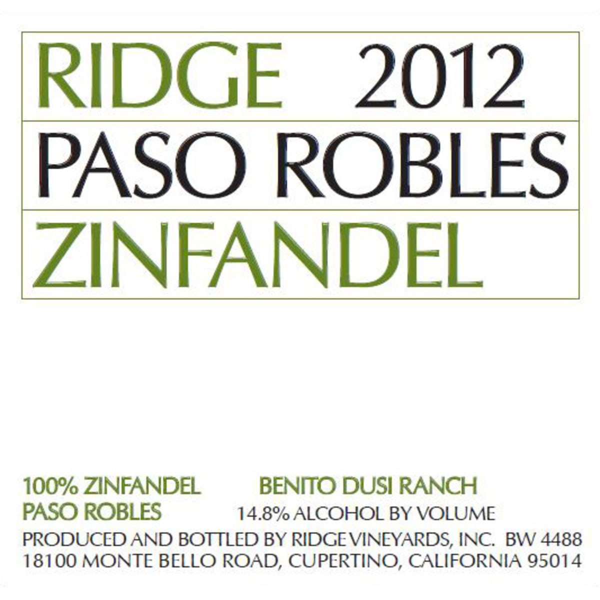 Ridge Paso Robles Zinfandel 2012 Front Label