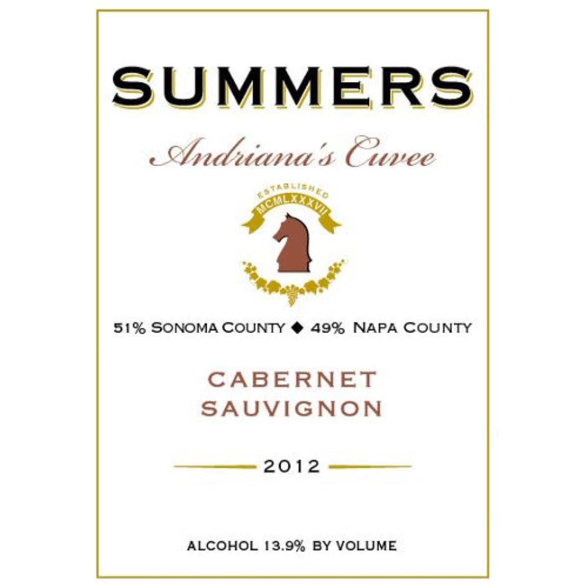 Summers Estate Andriana's Cuvee Cabernet Sauvignon 2012 Front Label