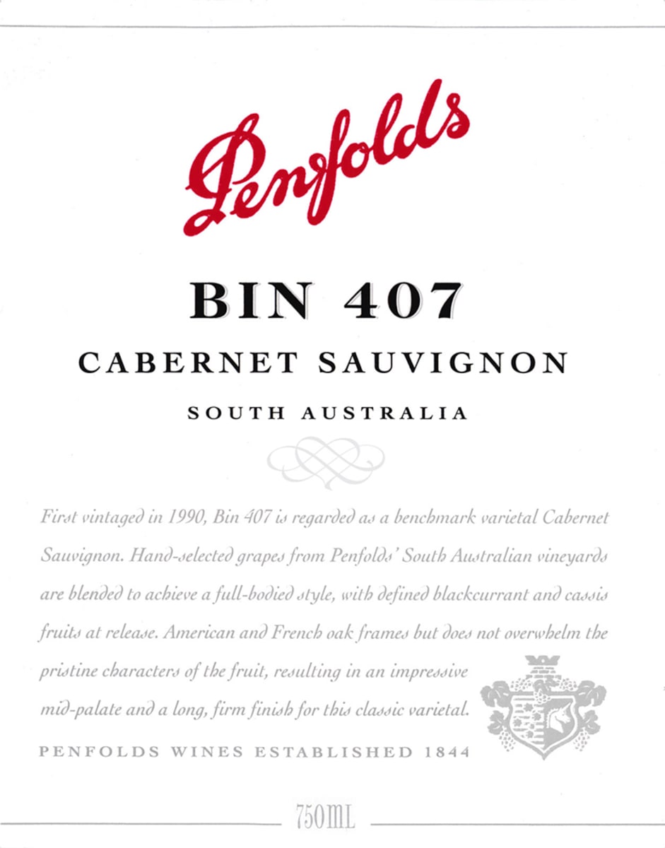 Penfolds Bin 407 Cabernet Sauvignon 1997 Front Label