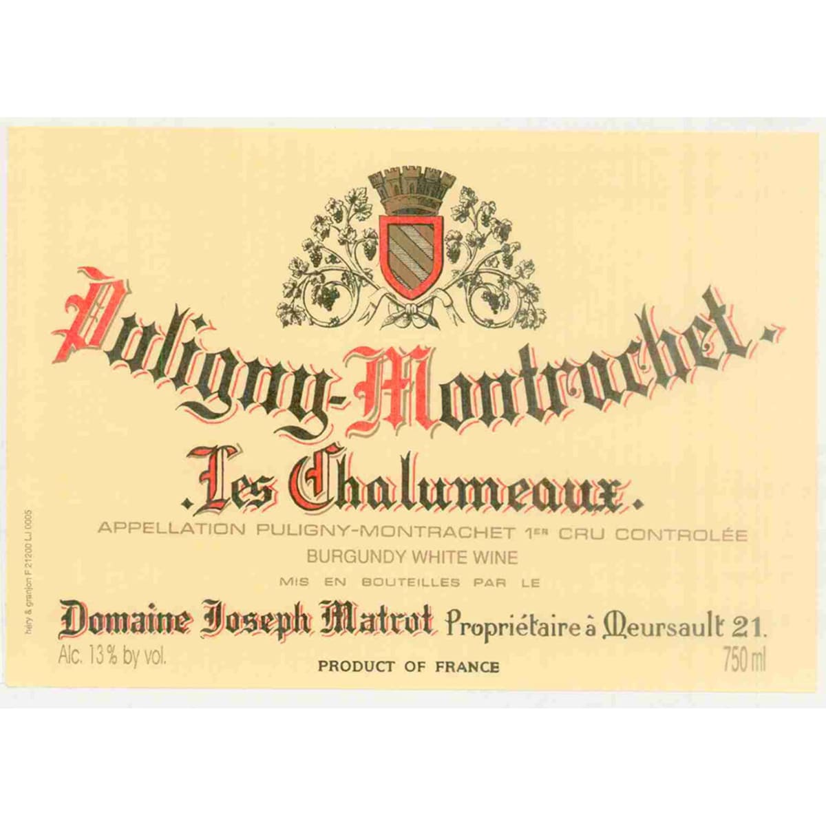 Domaine Matrot Puligny Montrachet Premier Cru Les Chalumeaux 2013 Front Label