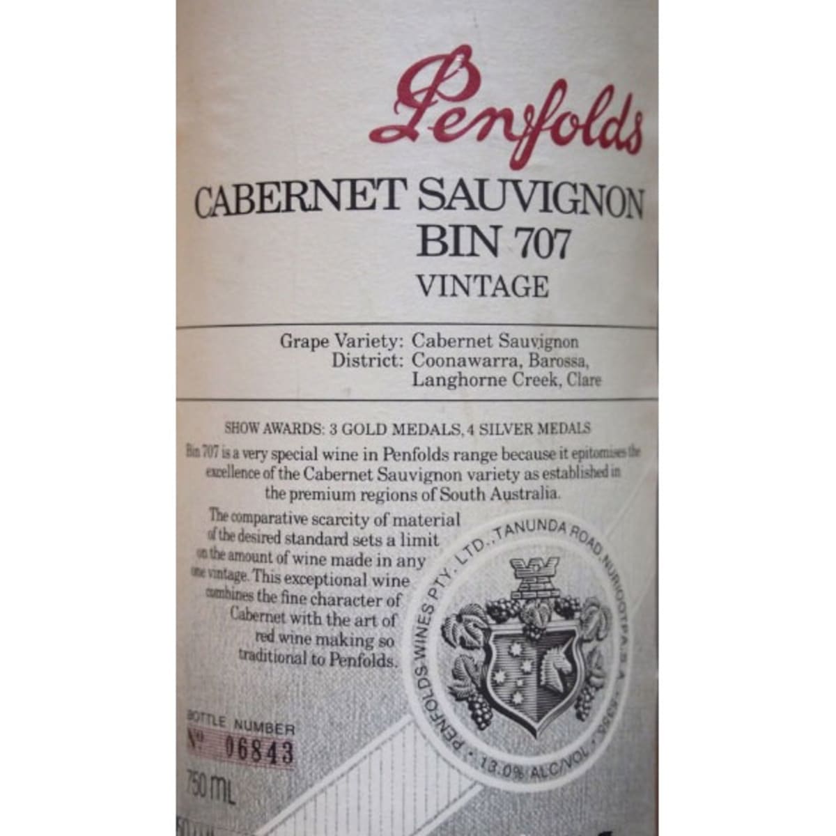 Penfolds Bin 707 Cabernet Sauvignon 1996 Front Label