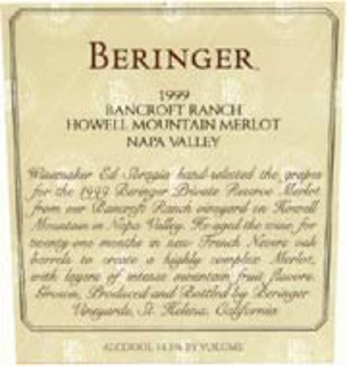 Beringer Howell Mountain Bancroft Ranch Merlot 1999 Front Label