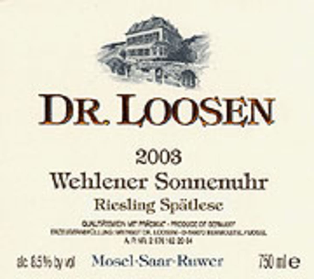 Dr. Loosen Wehlener Sonnenuhr Riesling Spatlese 2003 Front Label