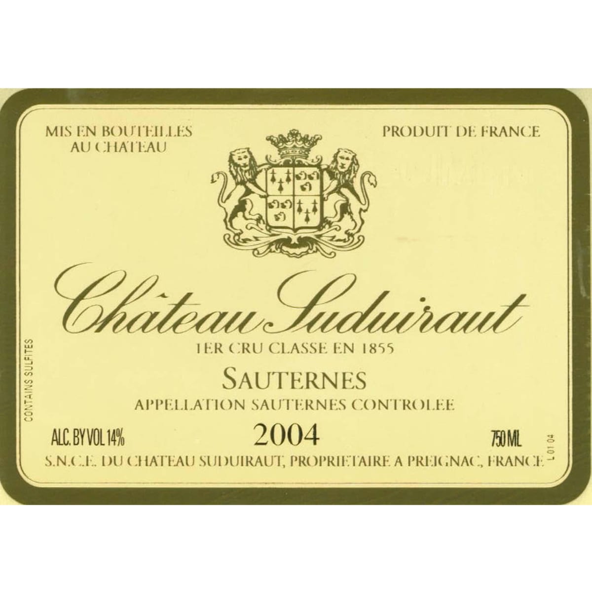 Chateau Suduiraut Sauternes 2004 Front Label