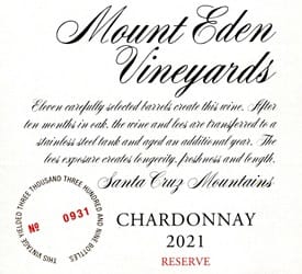 Mount Eden Vineyards Reserve Chardonnay 2021