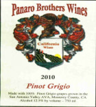 Panaro Brothers Winery Pinot Grigio 2010 Front Label