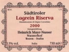 Heinrich Mayr Sudtirol Alto Adige Riserva Lagrein 2000 Front Label