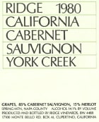 Ridge York Creek Cabernet Sauvignon 1980  Front Label