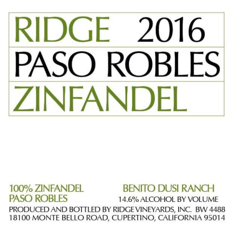 Ridge Paso Robles Zinfandel 2016 Front Label