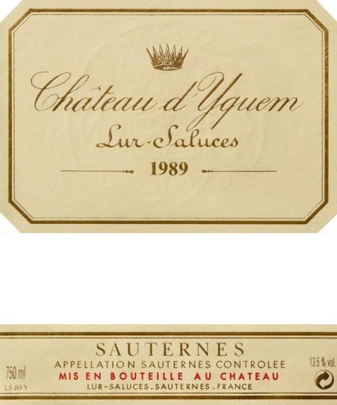 Chateau d'Yquem Sauternes (375ML half-bottle) 1989 Front Label