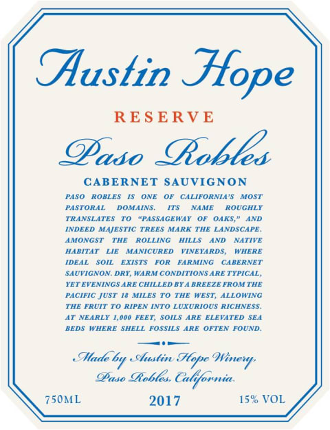 Austin Hope Reserve Cabernet Sauvignon 2017 Front Label
