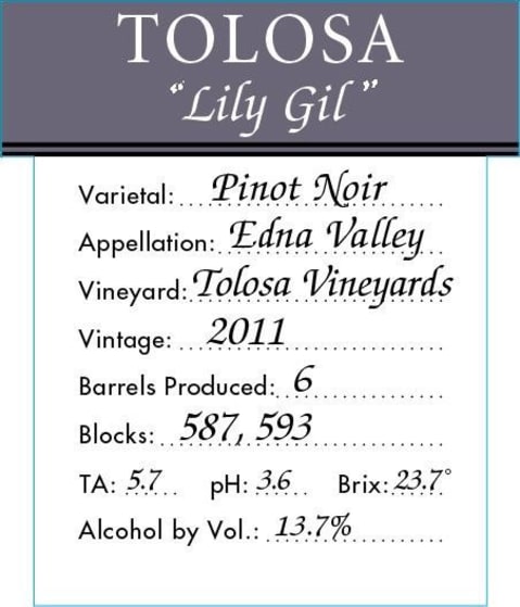 Tolosa Winery Lily Gil Pinot Noir 2011 Front Label