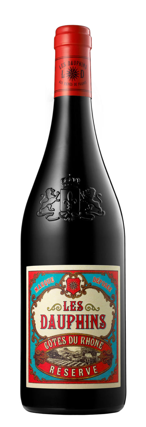 Les Dauphins Cotes du Rhone Reserve Red 2017 Front Bottle Shot
