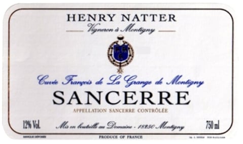 Henry Natter Sancerre Cuvee Francois de la Grange de Montigny 2016 Front Label