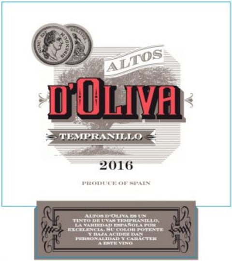 Altos d'Oliva Tempranillo 2016 Front Label