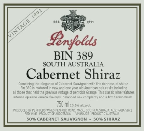Penfolds Bin 389 Cabernet-Shiraz 1992 Front Label
