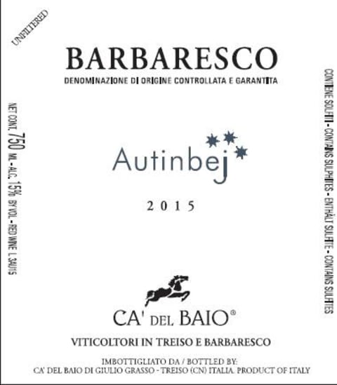 Ca' del Baio Barbaresco Autinbej 2015 Front Label
