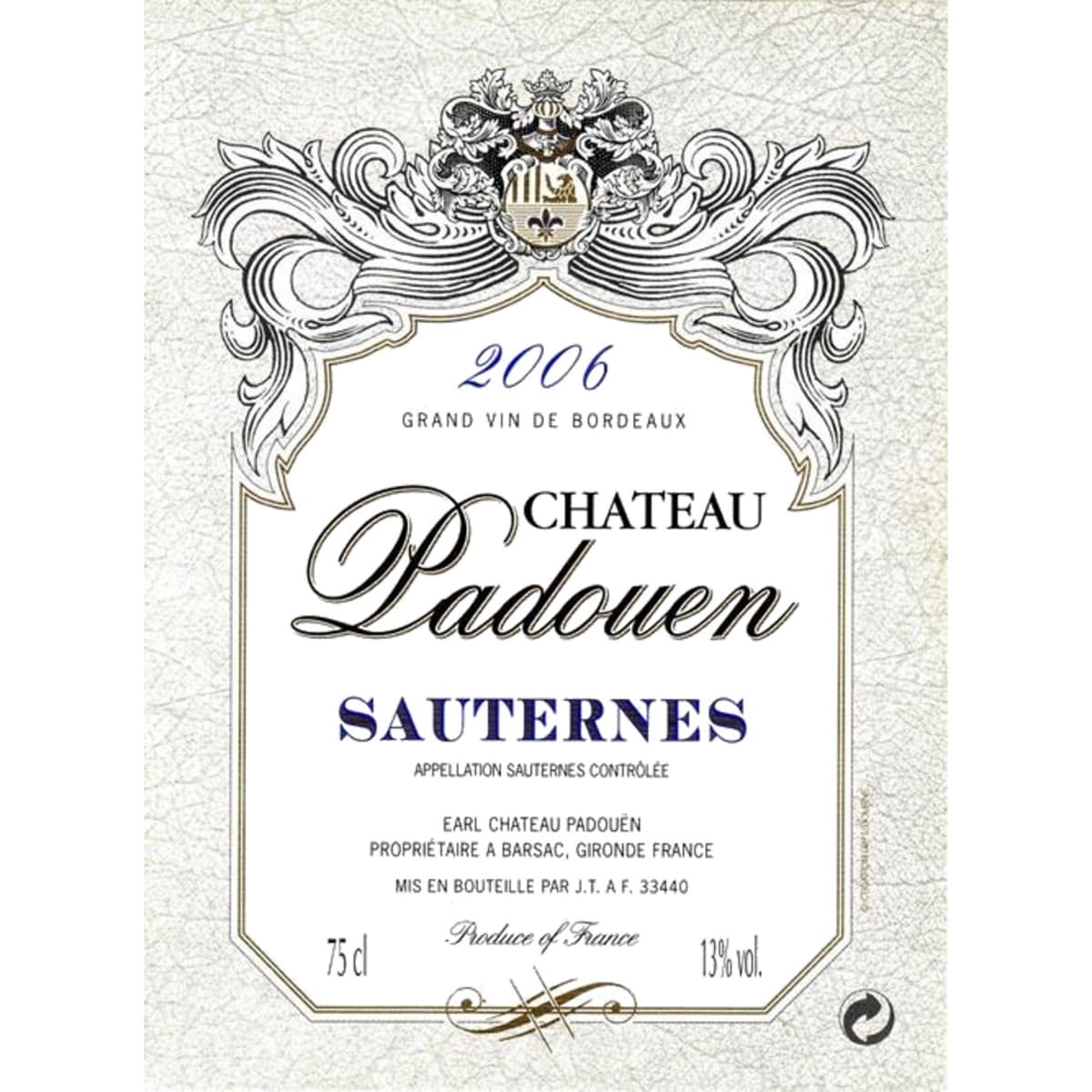 Chateau Padouen Sauternes 2006 Front Label