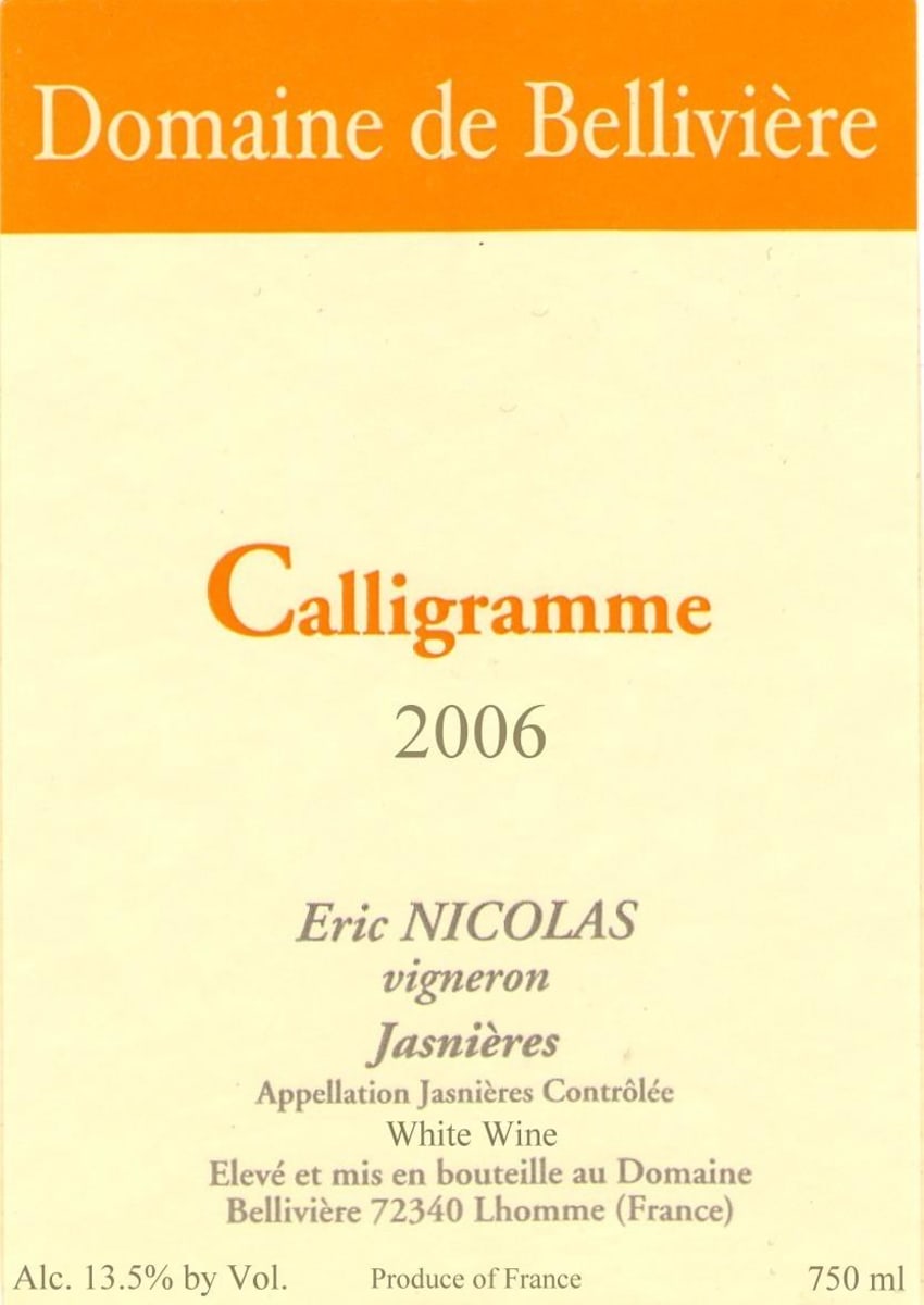 Domaine de Belliviere Calligramme Jasnieres 2006 Front Label