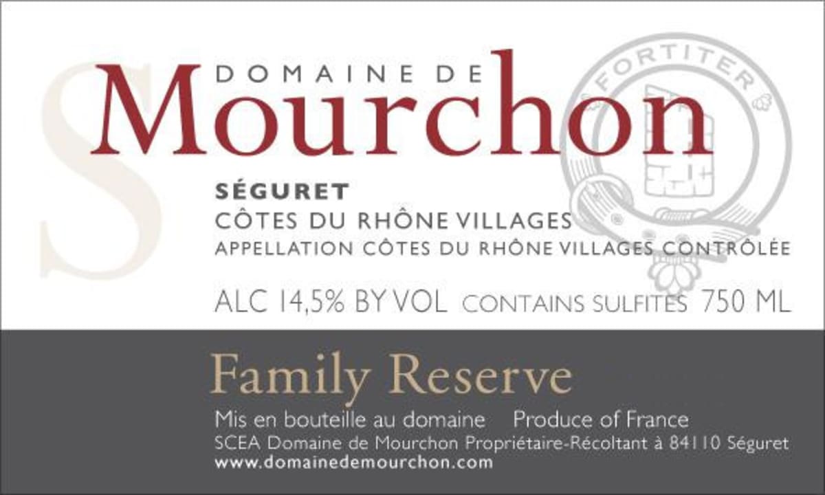 Domaine de Mourchon Cotes du Rhone Villages Seguret Family Reserve Syrah 2012 Front Label