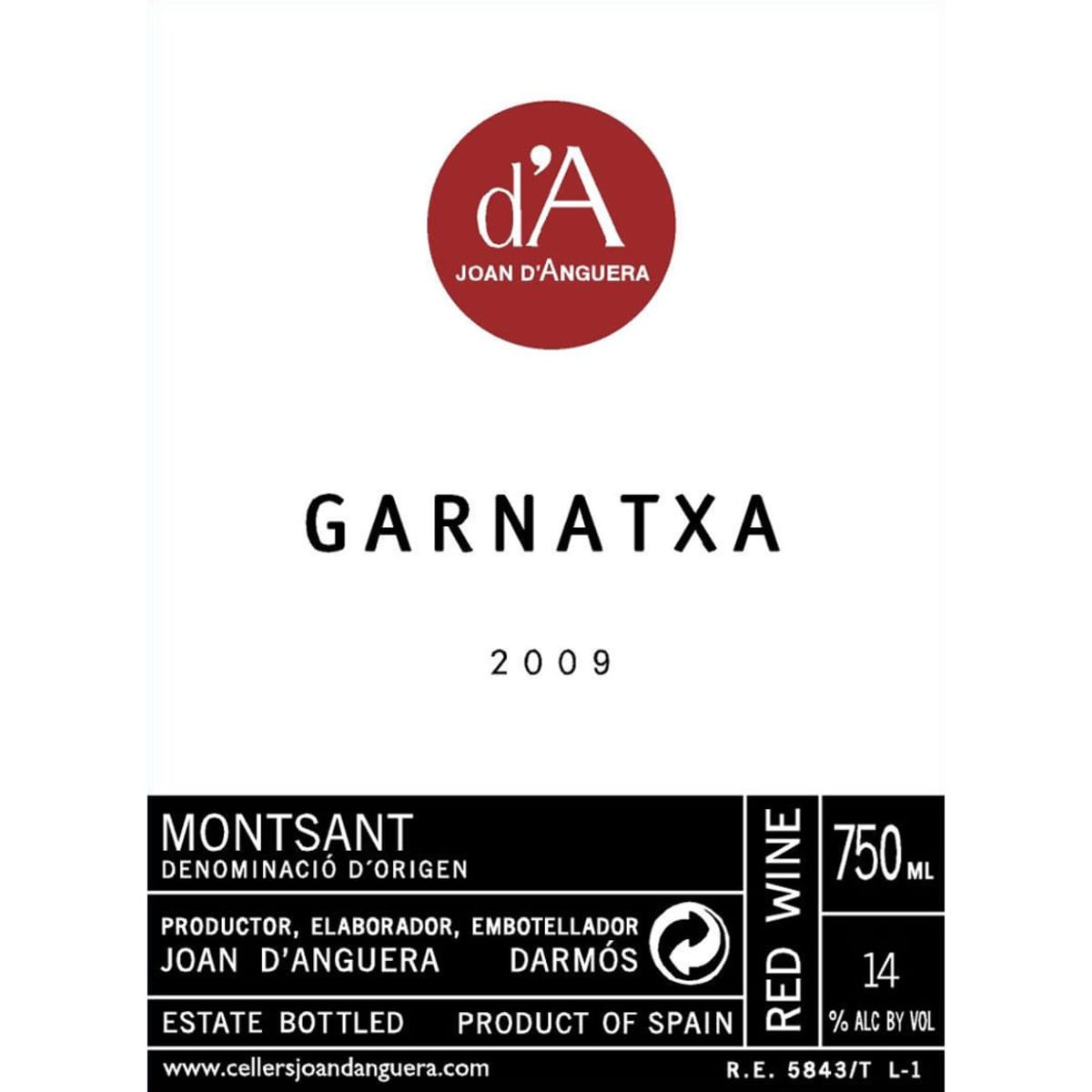 Joan d'Anguera Montsant Garnatxa 2009 Front Label