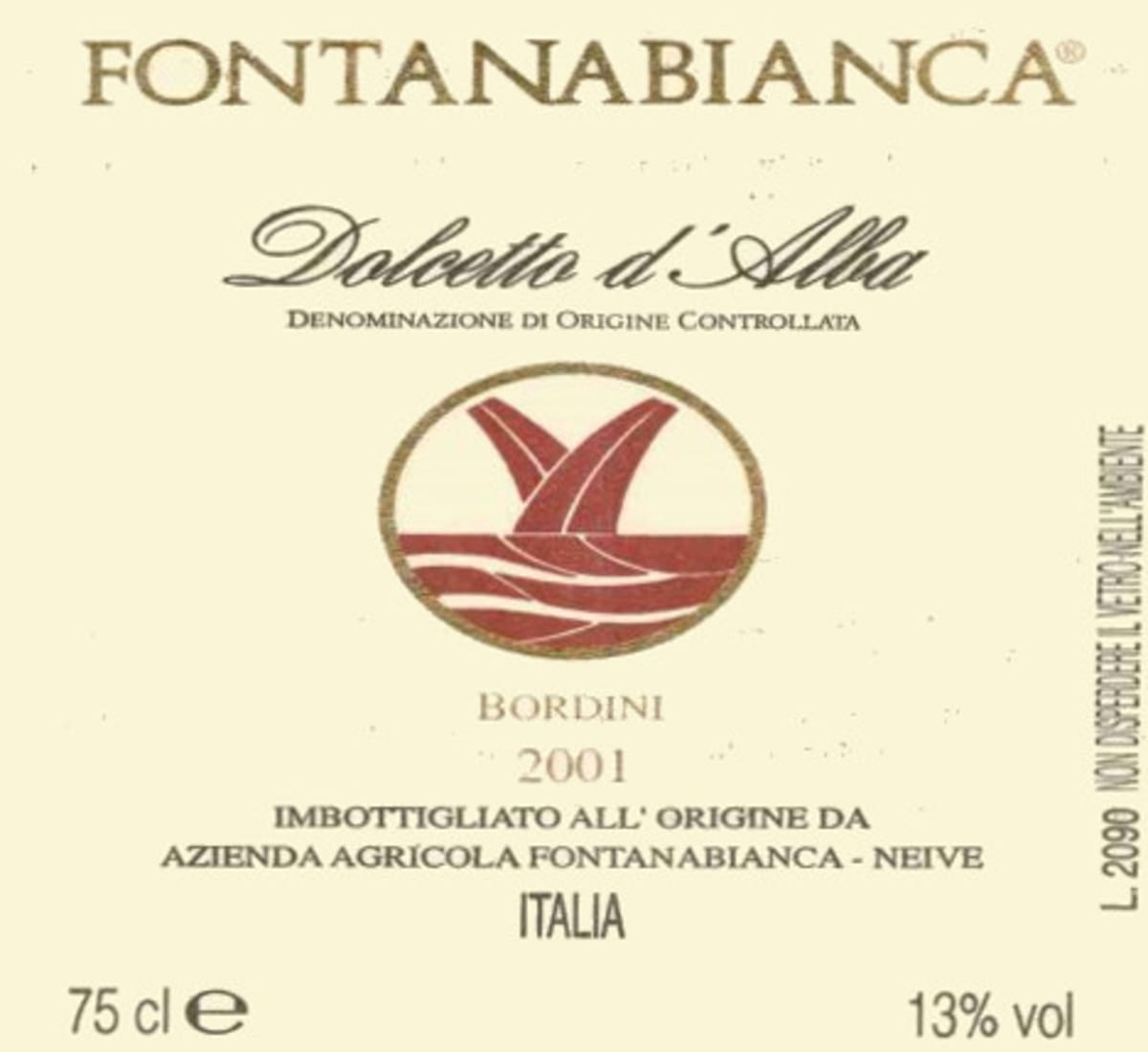 Fontanabianca Bordini Dolcetto d'Alba 2001 Front Label