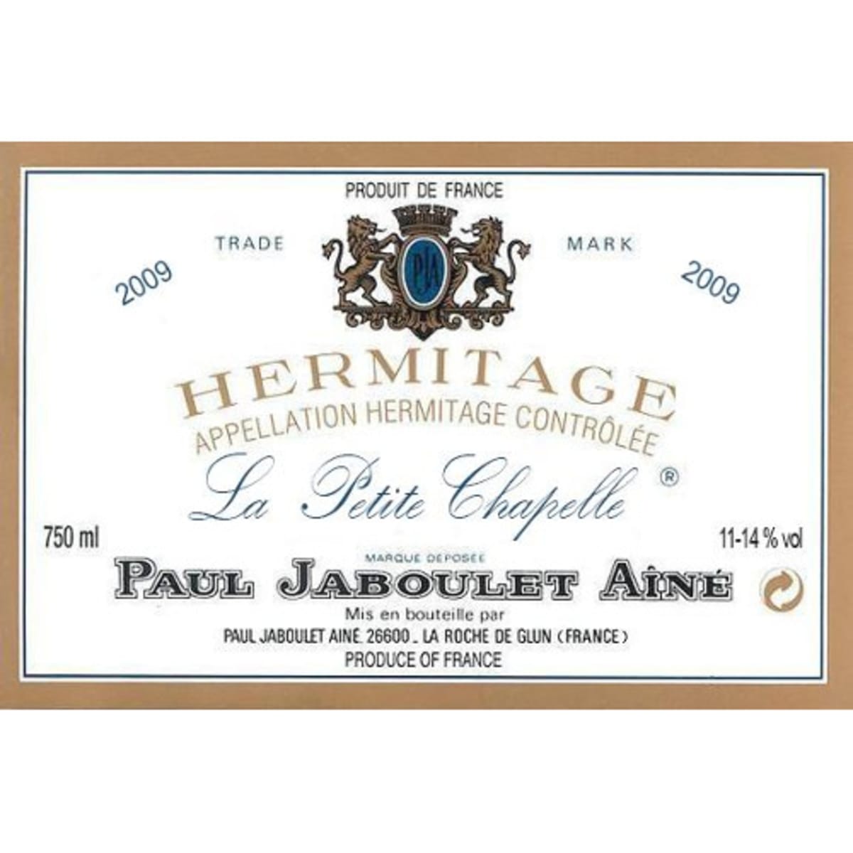 Jaboulet Hermitage La Petite Chapelle 2009 Front Label