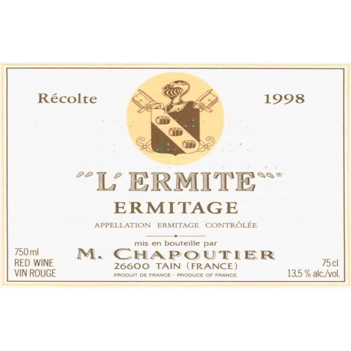 M. Chapoutier Ermitage l'Ermite 1998 Front Label