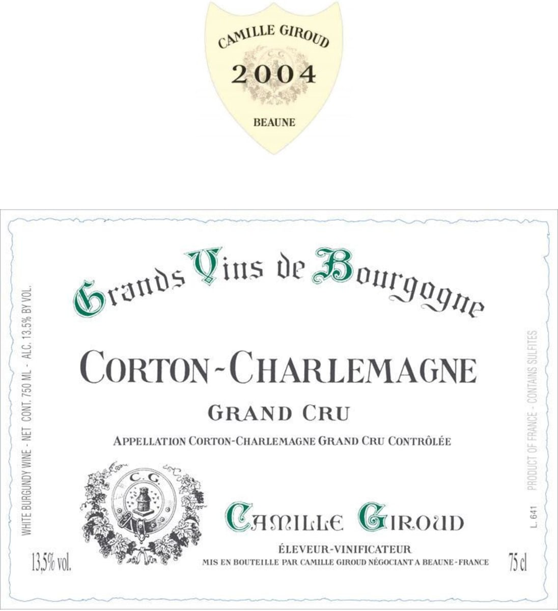 Camille Giroud Corton Charlemagne Grand Cru 2004 Front Label