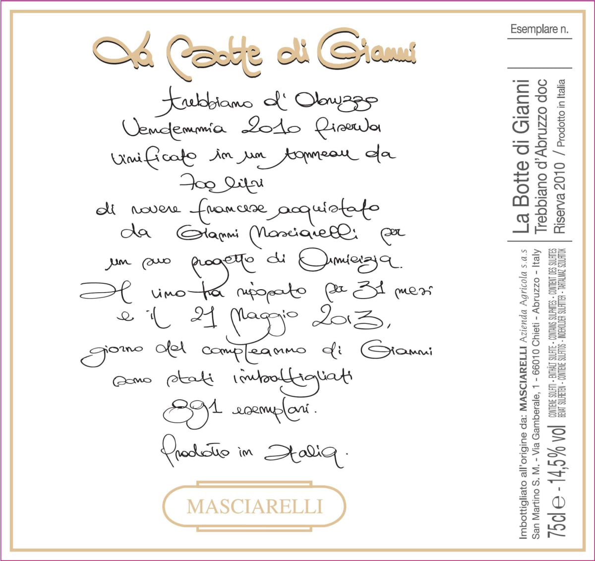 Masciarelli Trebbiano d'Abruzzo Riserva la Botte di Gianni 2010 Front Label