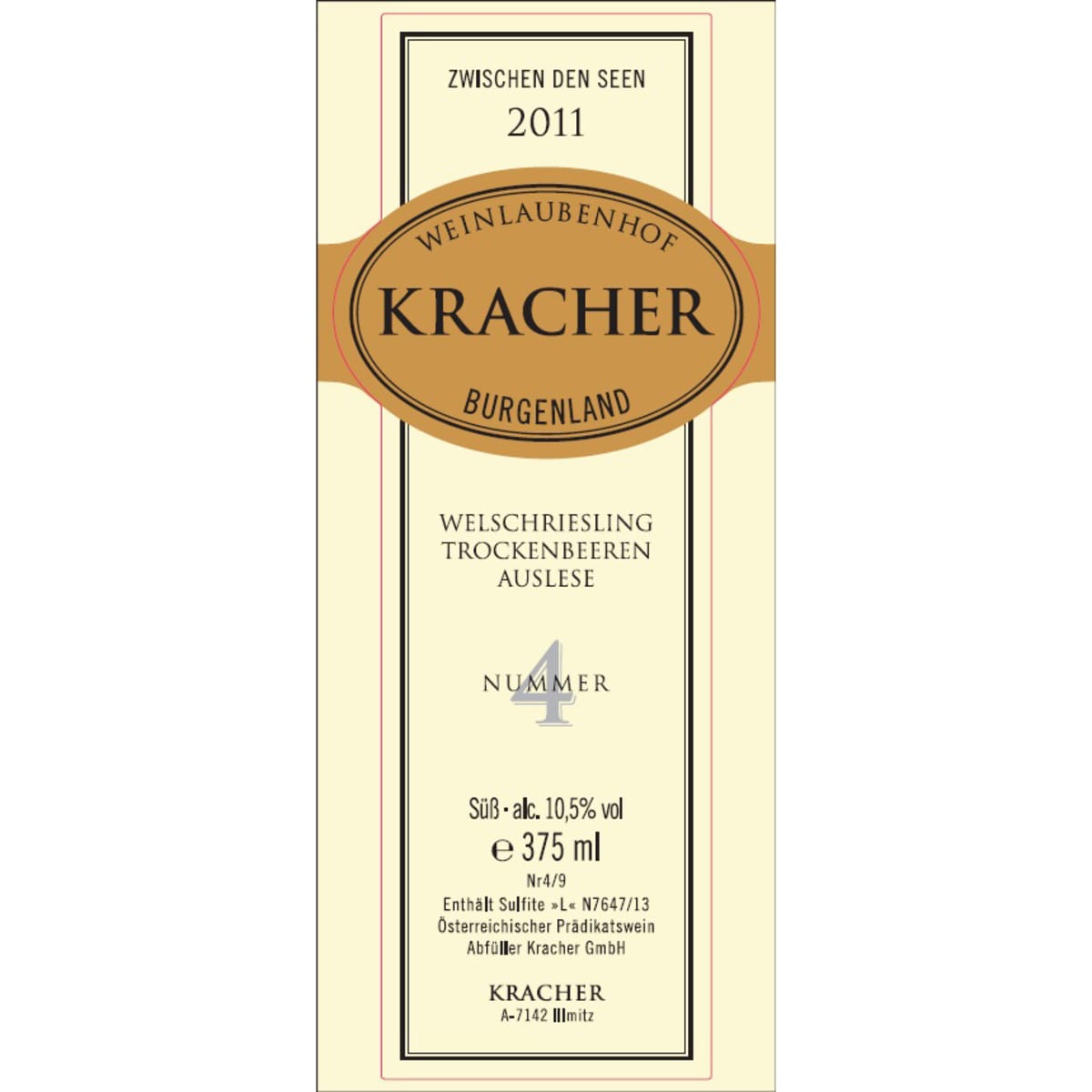 Kracher Welschriesling TBA Zwischen den Seen No. 4 (375ML) 2011 Front Label