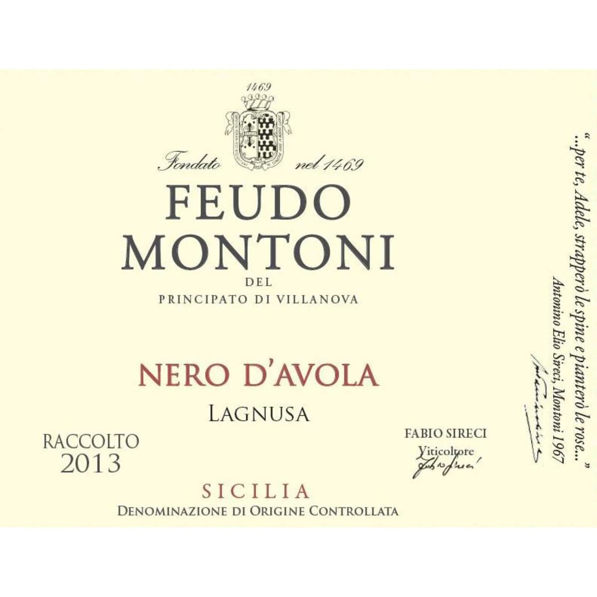 Feudo Montoni Lagnusa Nero d'Avola 2013 Front Label