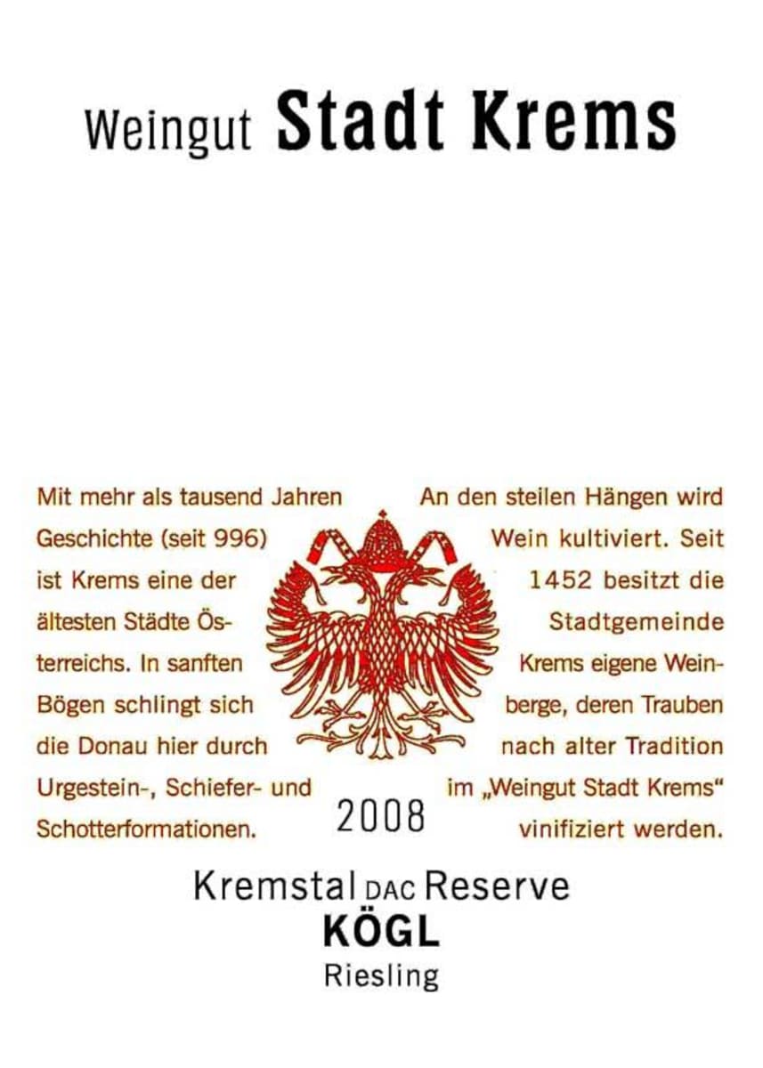 Stadt Krems Kogl Erste OTW Lage Reserve Riesling 2008 Front Label