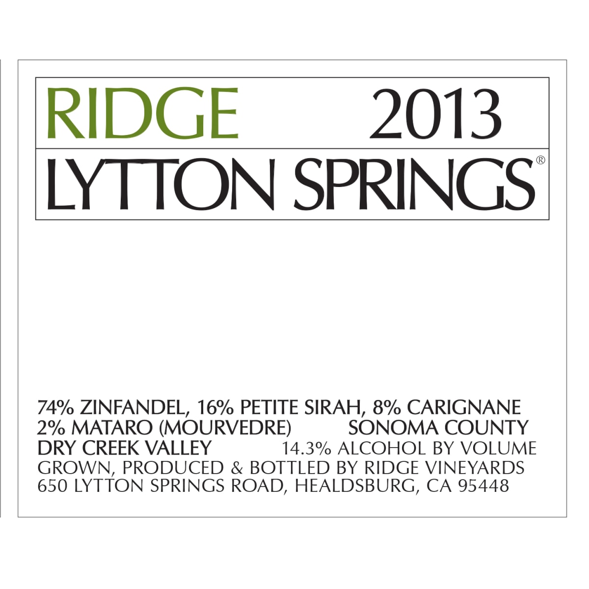 Ridge Lytton Springs (1.5 Liter Magnum) 2013 Front Label