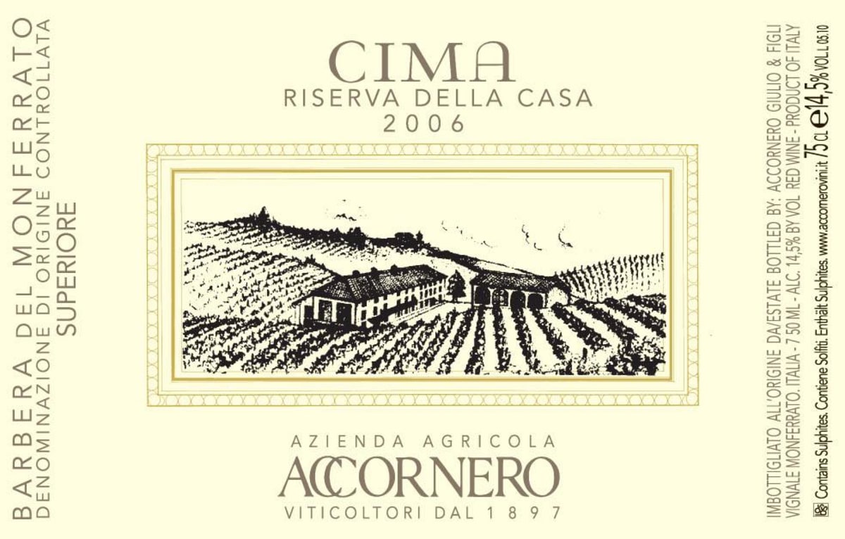 Azienda Agricola Accornero Barbera del Monferrato Cima della Casa Superiore Riserva 2006 Front Label