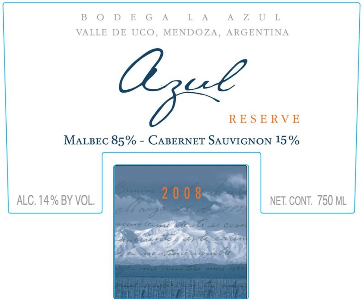 Bodega La Azul Reserva 2008 Front Label