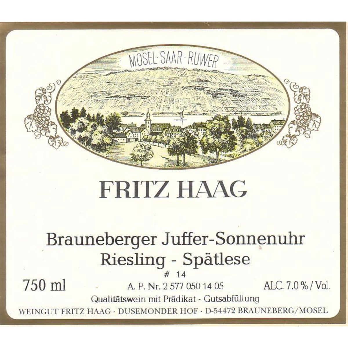 Fritz Haag Brauneberger Juffer Sonnenuhr Spatlese 2001 Front Label