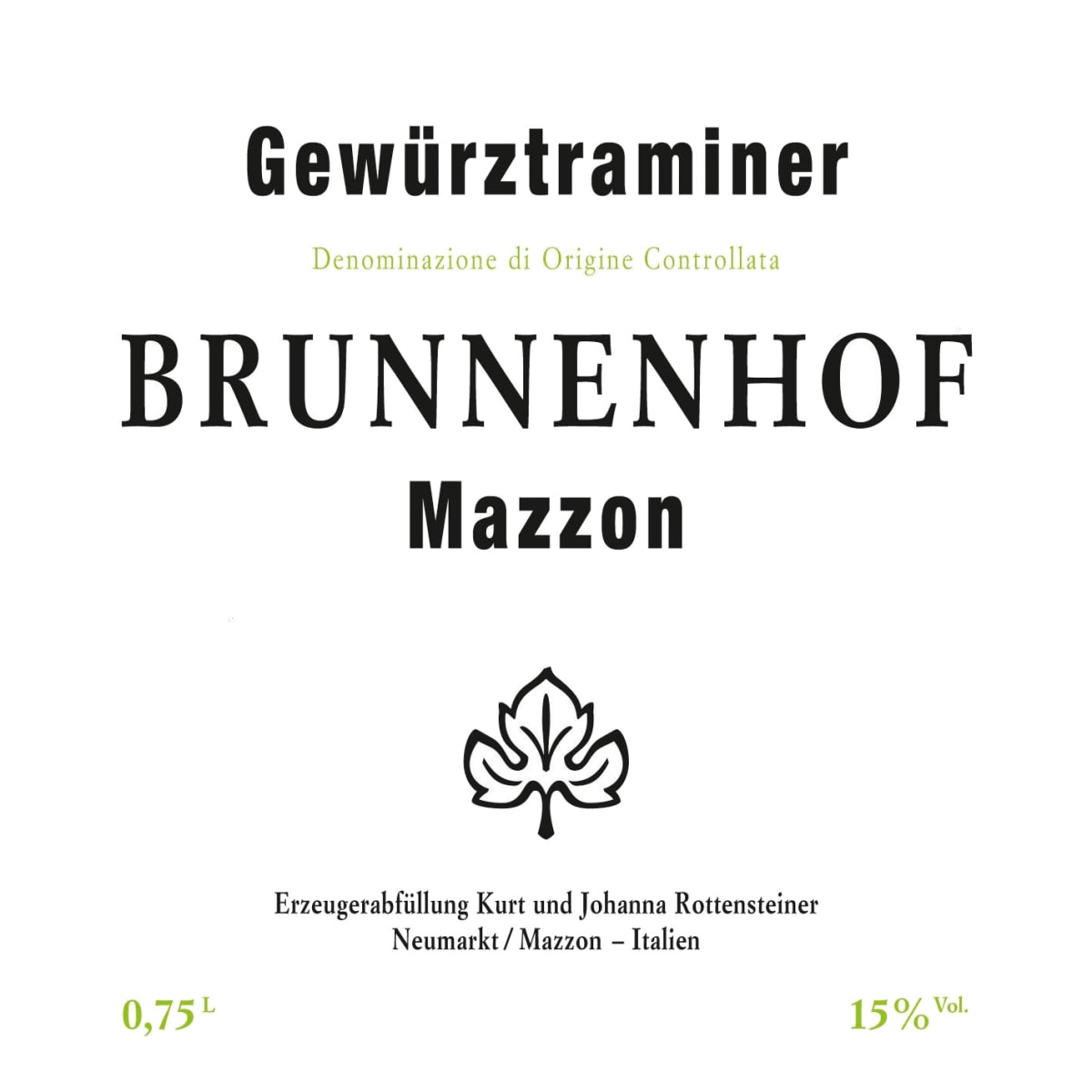 Brunnenhof Mazzon Alto Adige-Sudtirol Gewurztraminer 2015 Front Label