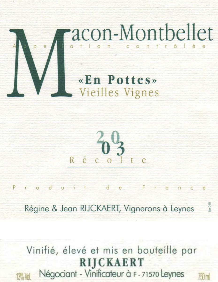 Maison Rijckaert Macon-Montbellet En Pottes Vieilles Vignes 2003 Front Label