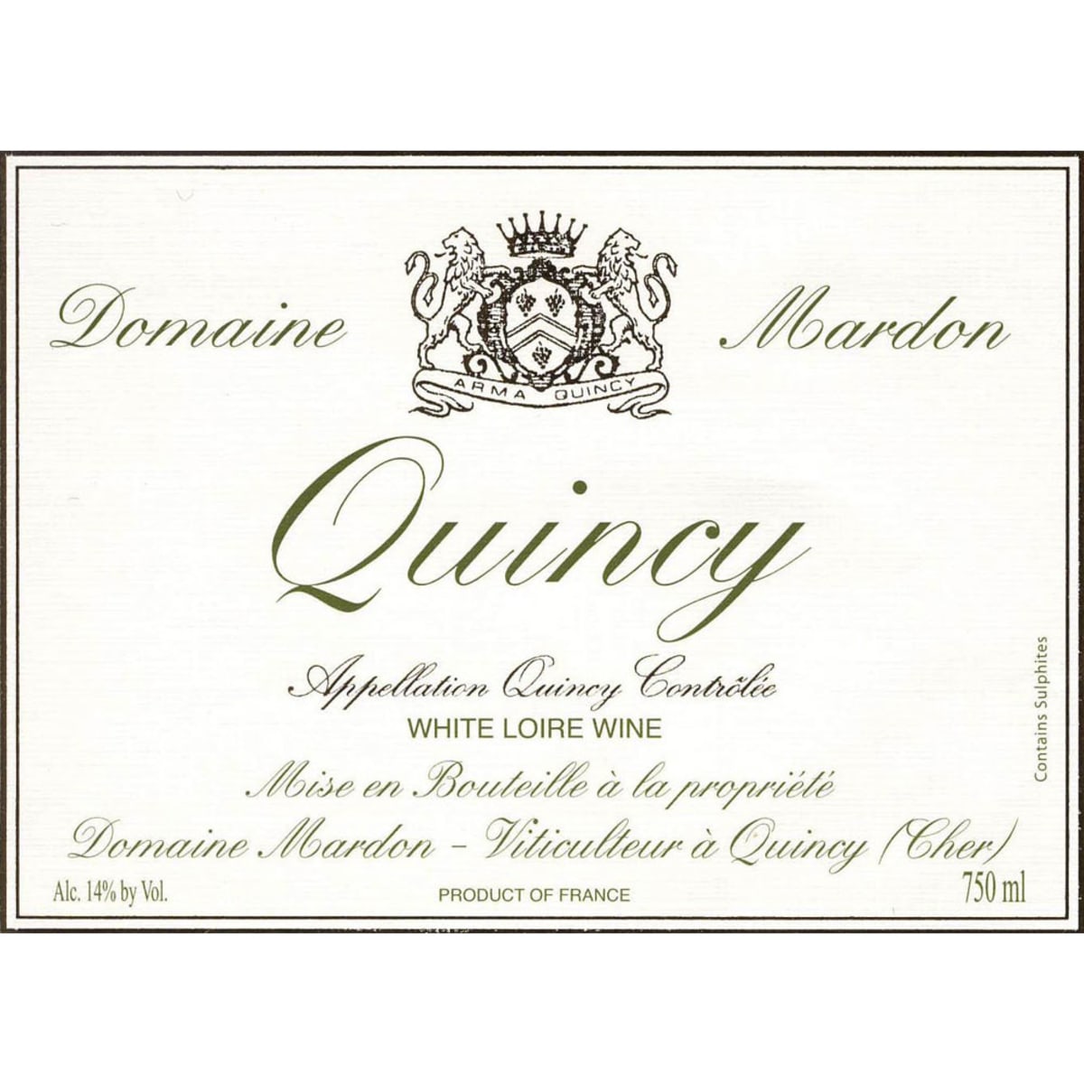 Domaine Mardon Quincy Cuvee Tres Vieilles Vignes 2015 Front Label